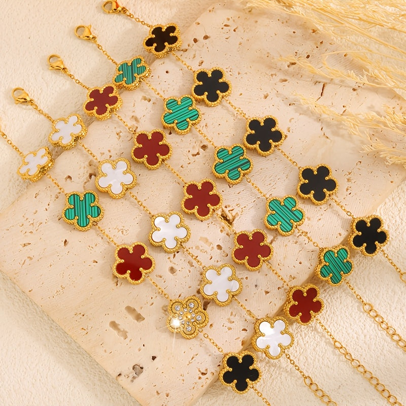 Set of 4 Gold Plated Stainless Steel Flower Bracelets with Rhinestones Boho Style for Women