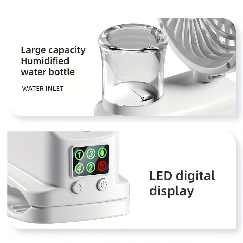 2-in-1 Fan Humidifier Portable Desktop Cooling Fan with 4-Speed Adjustable Wind and 2-Level Humidity Silent 360° Rotation Rechargeable Battery