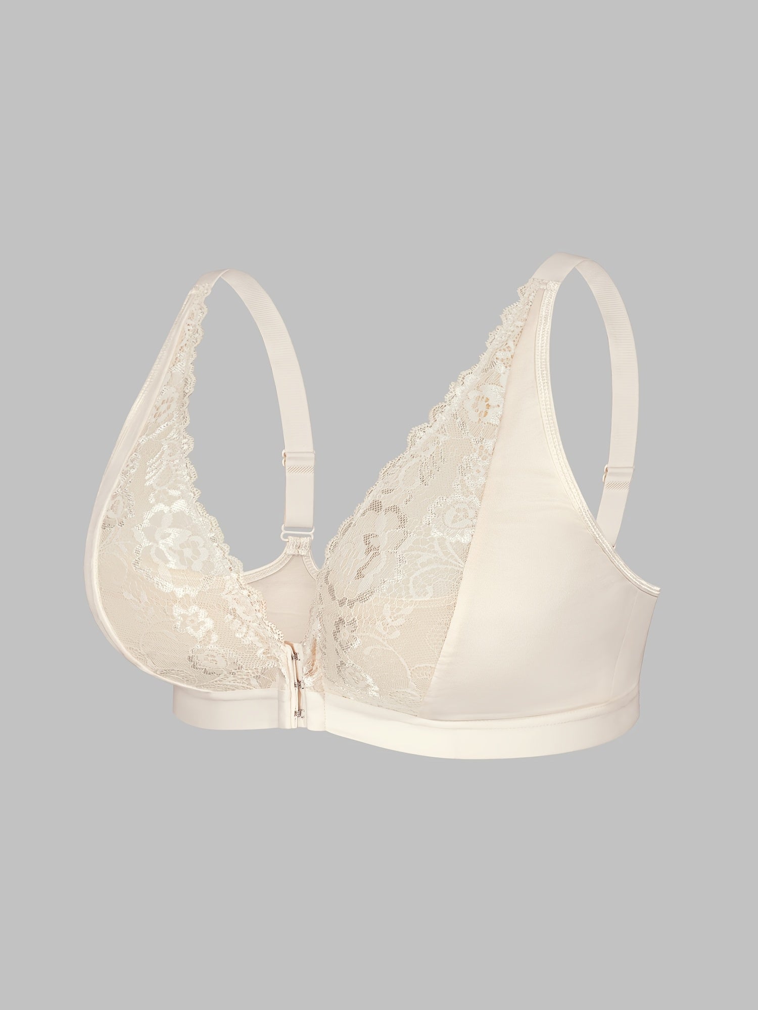 Sujetador de encaje con cierre frontal para tallas grandes de mujer con escote en V profundo, tirantes anchos, encaje en contraste, tela de punto de poliéster transpirable