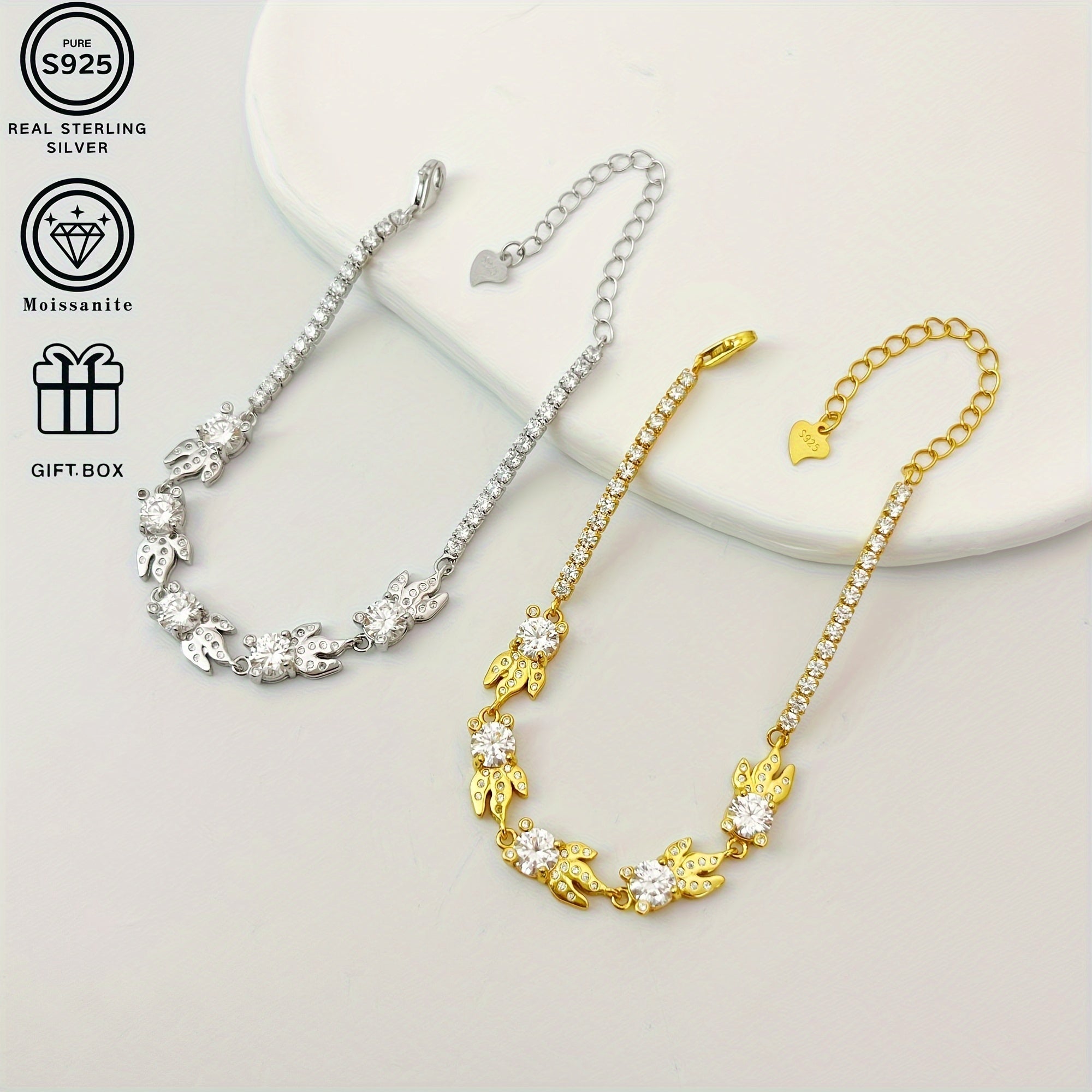 Браслет из стерлингового серебра с золотистой рыбкой Moissanite 0,5 карата, покрытие из 18K золота, гипоаллергенное украшение