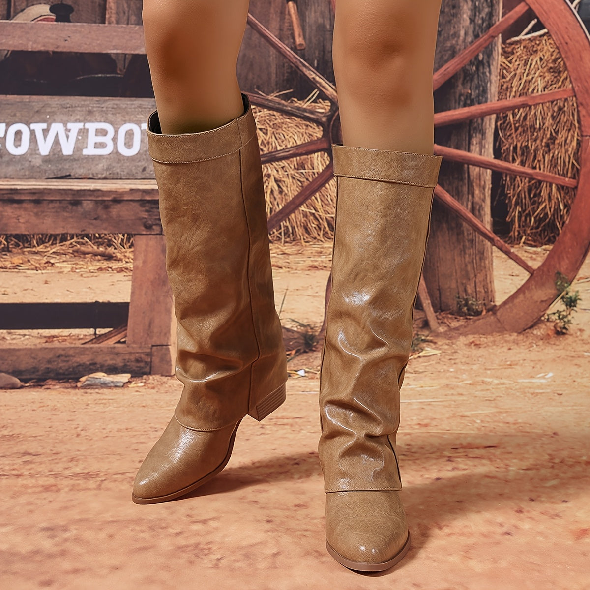 Women's Vegan Mid-Calf Boots in Coffee Brown Pointed Toe Chunky Heel
