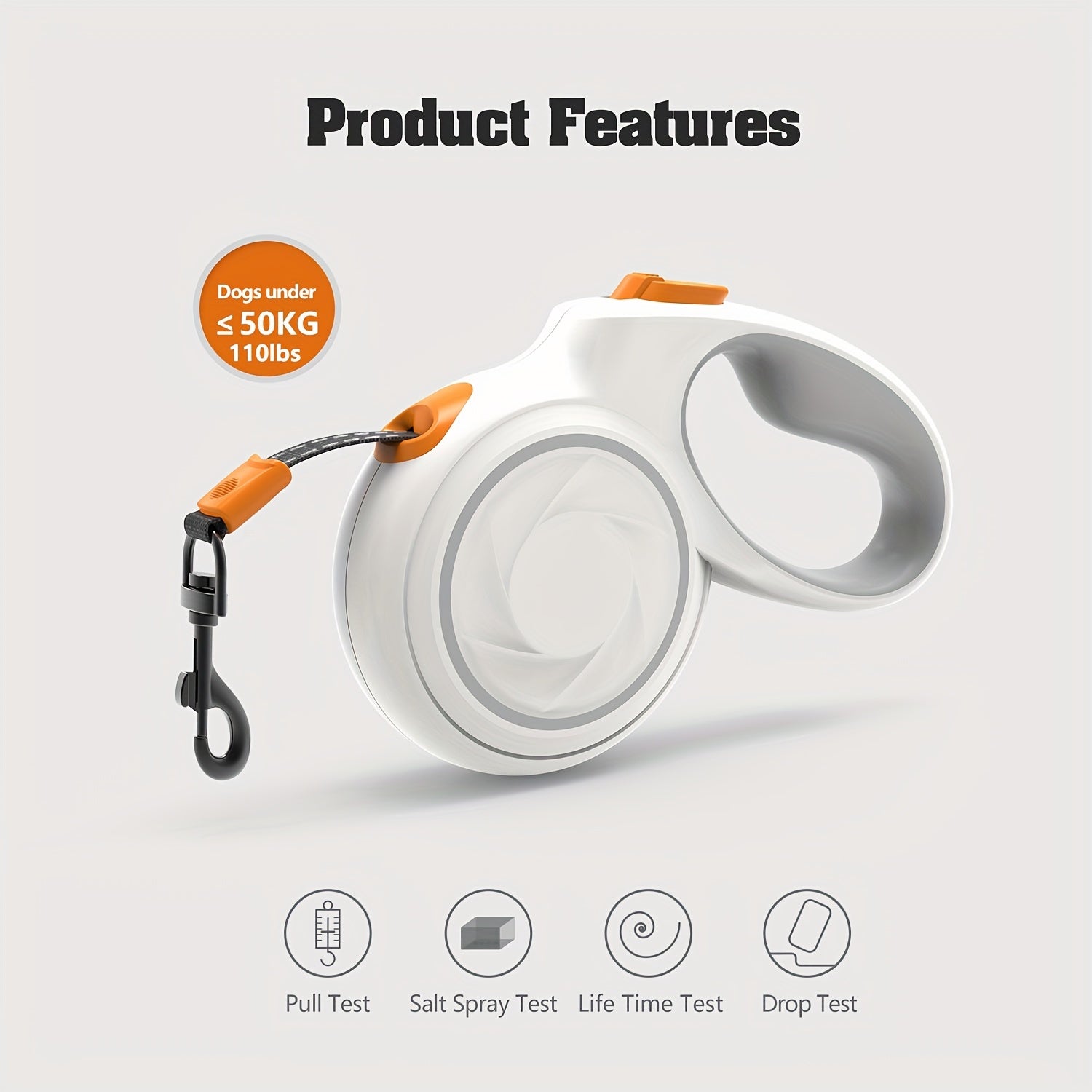 KEYPAI Og'ir yuk ko'taruvchi qaytariladigan it bog'ichi (16ft) o'rtacha va katta itlar uchun 49.9KG gacha. Tez qulflash tormoz tizimi, 360° o'ralmas, sirpanmas tutqich, geometrik shakldagi mustahkam ABS material.