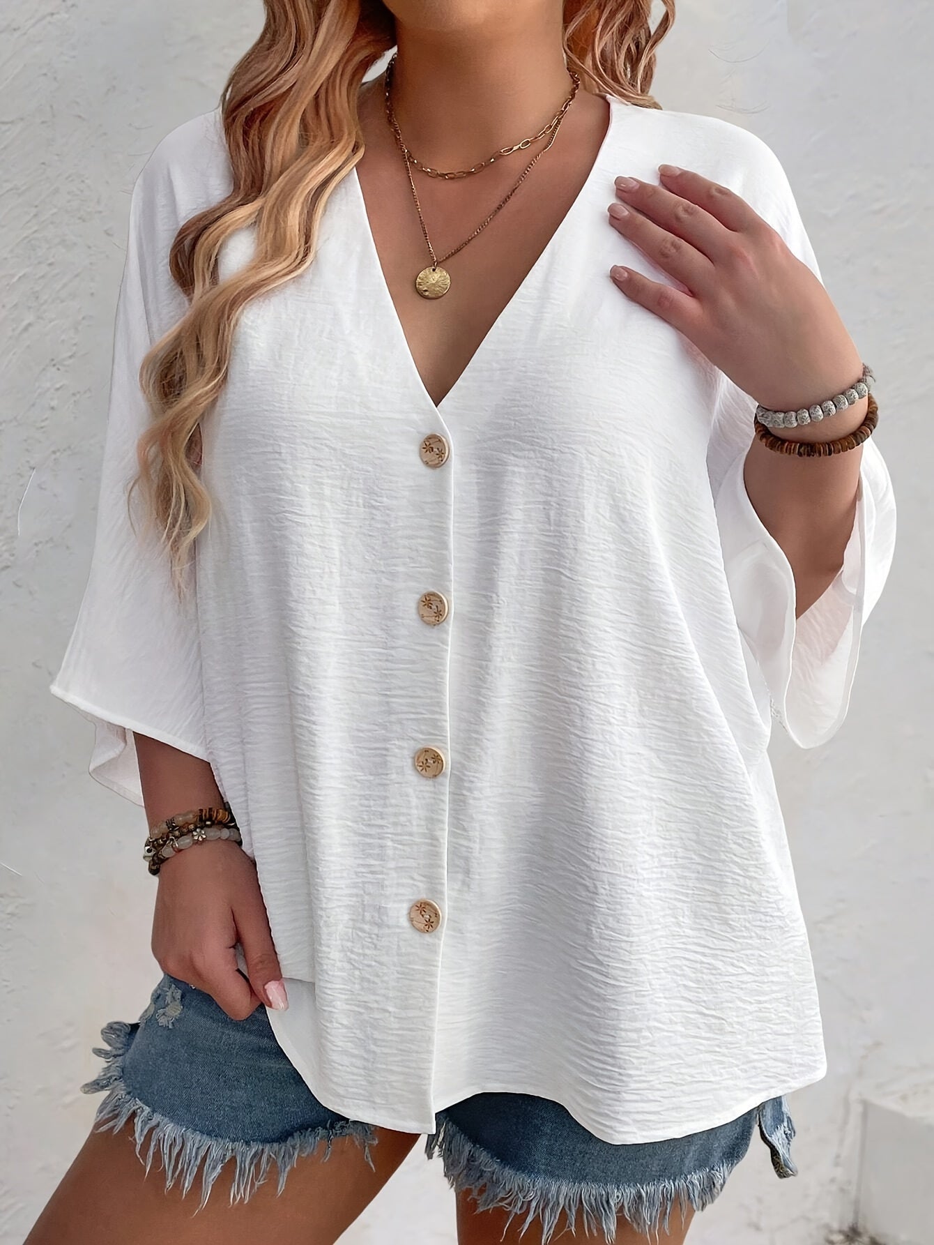 Plus Size Women's V-Neck Long Sleeve Blouse Polyester Button Front Solid White Relaxed Fit