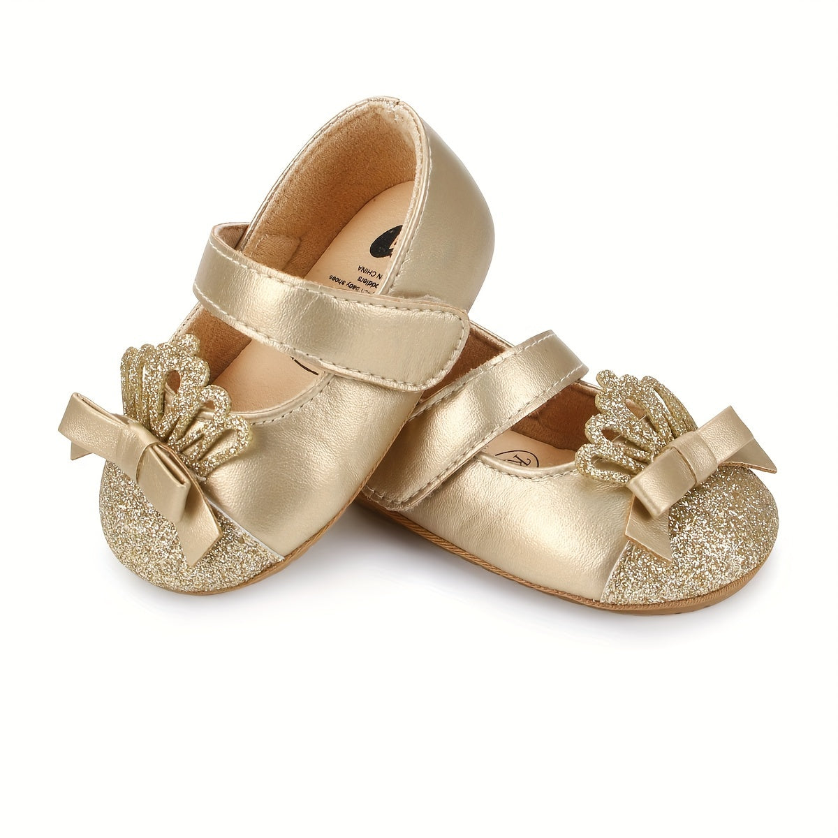Baby Girl Sequin Crown Shoes with Flexible Rubber Sole and Hook-and-Loop Closure