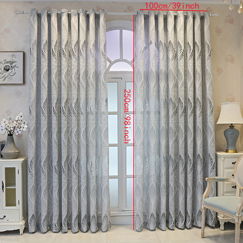 Grey Retro Feather Leaves Jacquard Yarn Curtain for Bedroom Living Room Office