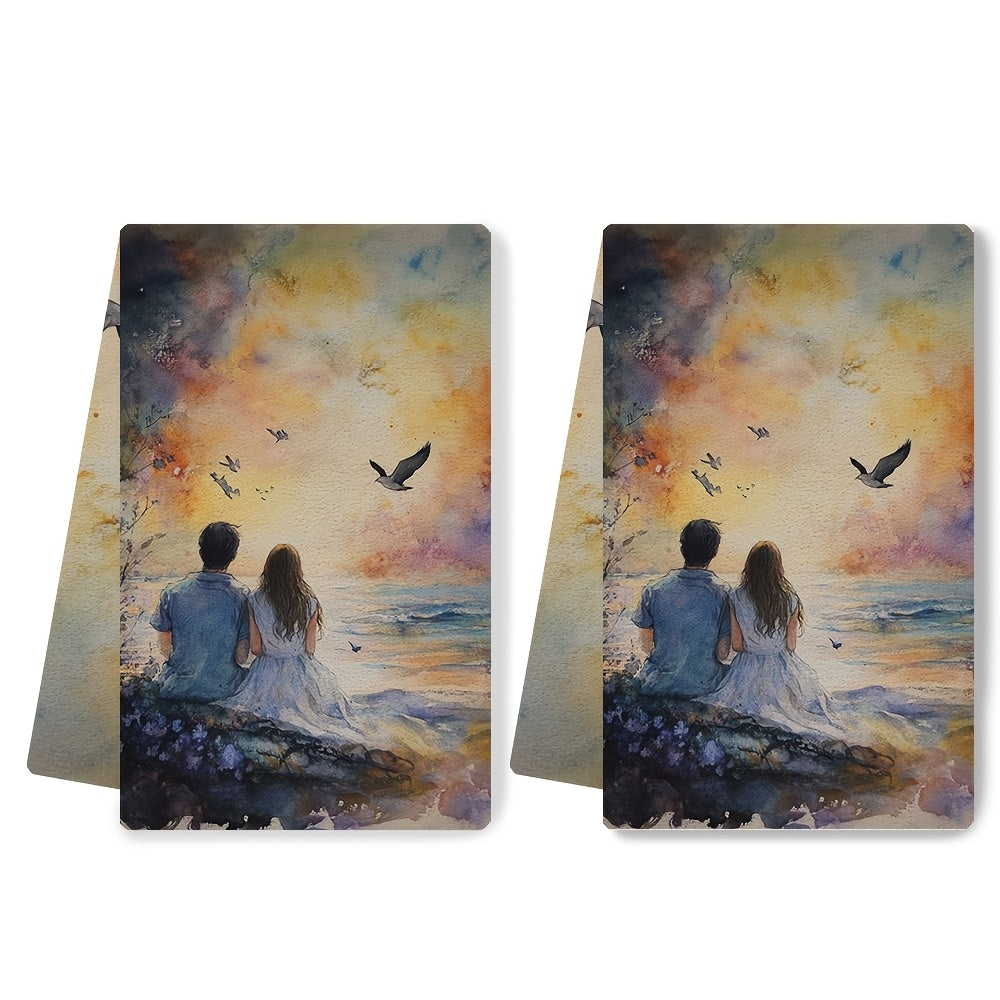 Romantic Sunset Love Kitchen Towels 2 Pieces Ultra Soft Absorbent 40x60cm