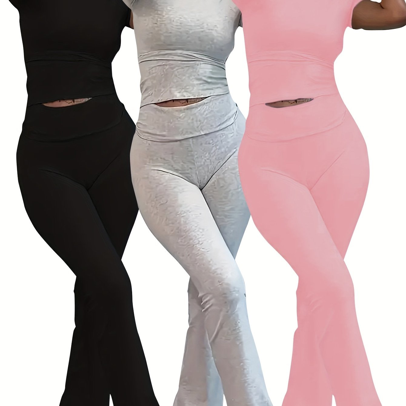 Women's Lounge Set 3-Piece Crop Top Flared Pants Solid Color Knit Modal Comfortable Casual