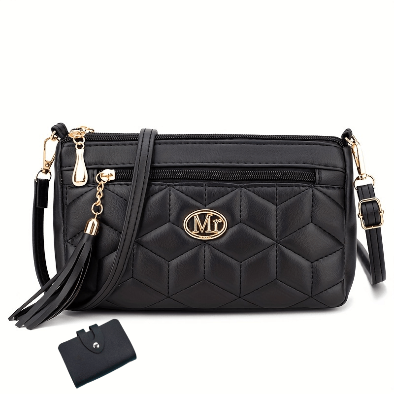 2025 Женская повседневная черная сумка через плечо с стеганым дизайном, застежка на молнии, полиэстеровая подкладка, ручная стирка или профессиональная химчистка, хранение мобильного телефона.