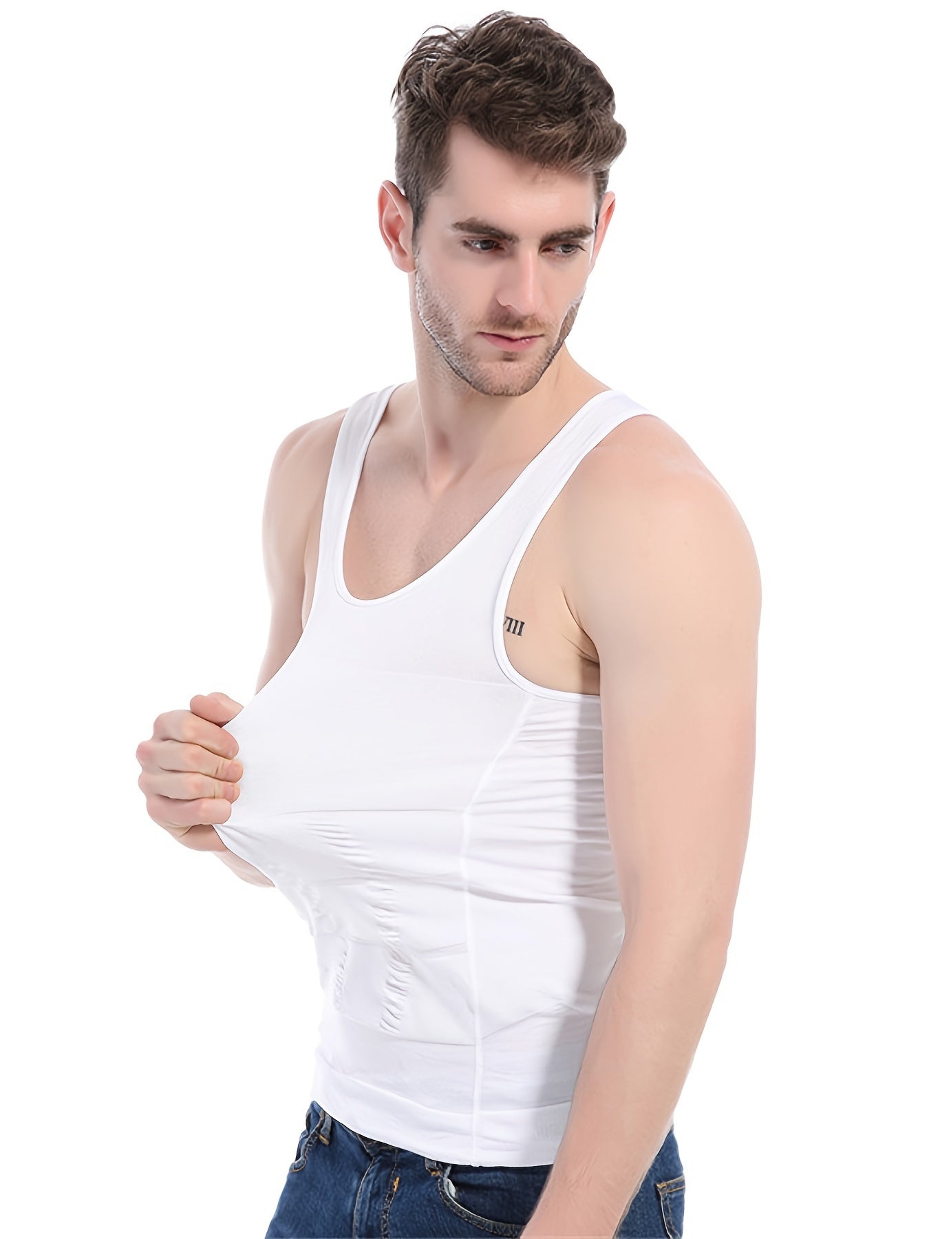 Camiseta sin mangas ajustada para hombre, moldeadora del cuerpo, de nylon y spandex, ajuste delgado, sin mangas, de color sólido