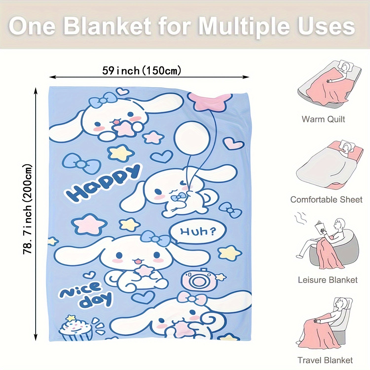 Soft Warm Cinnamoroll Plush Flannel Throw Blanket Cozy Cartoon Print for Bedroom Living Room Camping