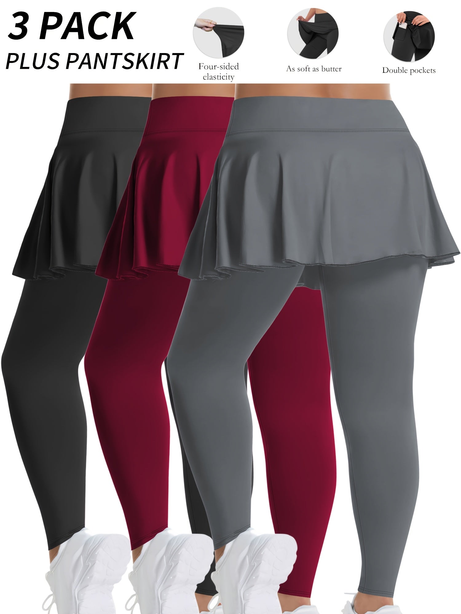 Plus Size Women Tennis Skirted Leggings with Pockets Capris Yoga Wear