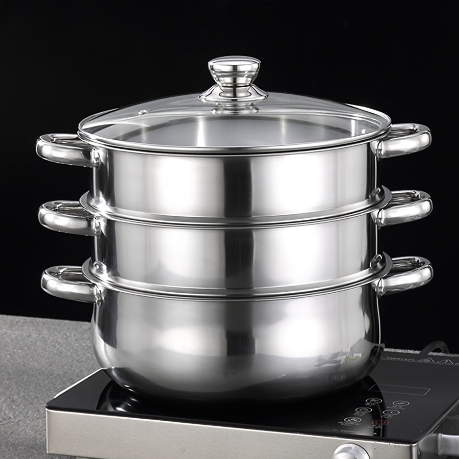 Stainless Steel Steamer Set 4 Pieces with Large Capacity 2 Tiers Soup Pot Lid