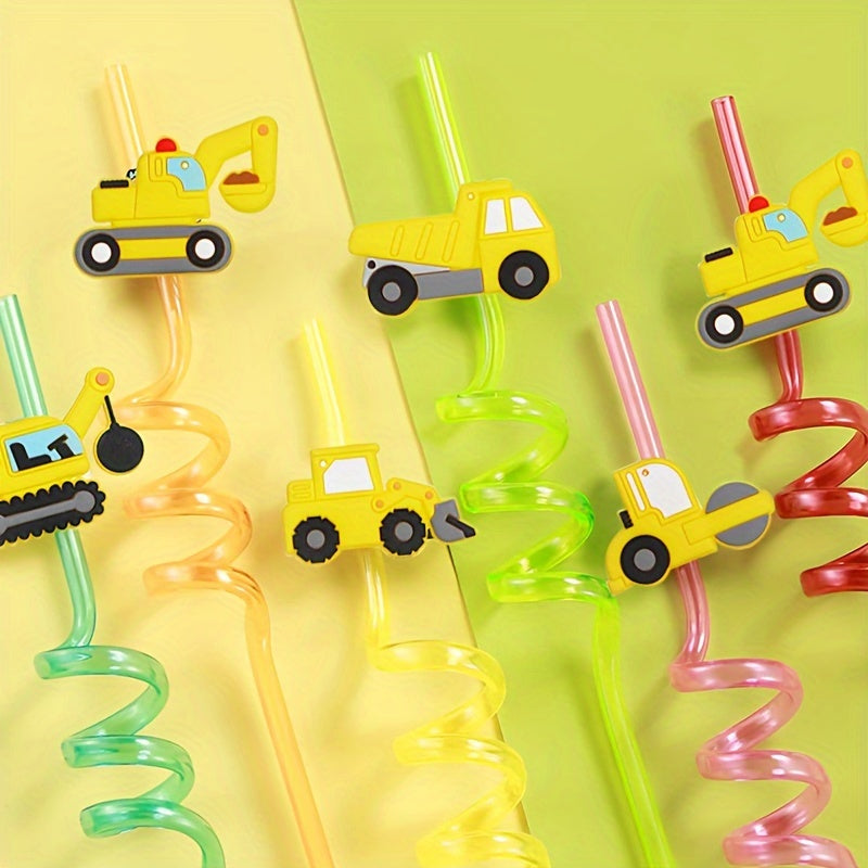 Set of 8 Construction Vehicle Party Straws Plastic for Birthdays and Events