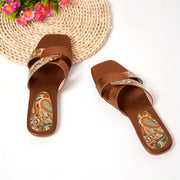 Women's Paisley Pattern Flat Slides with Square Toe Casual Outdoor Beach Sandals