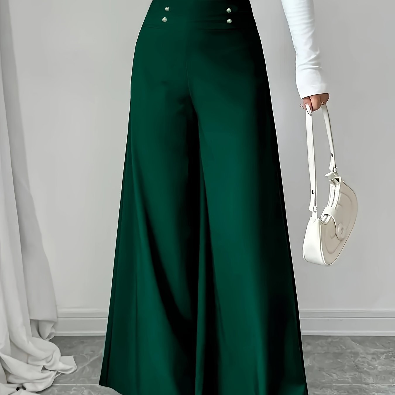 Women's Flare Pants Polyester Spandex Stretch Dark Green Wide Leg Formal