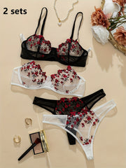 Women's Lace Lingerie Set with Flower Embroidery Mesh See-Through Bra and Thong