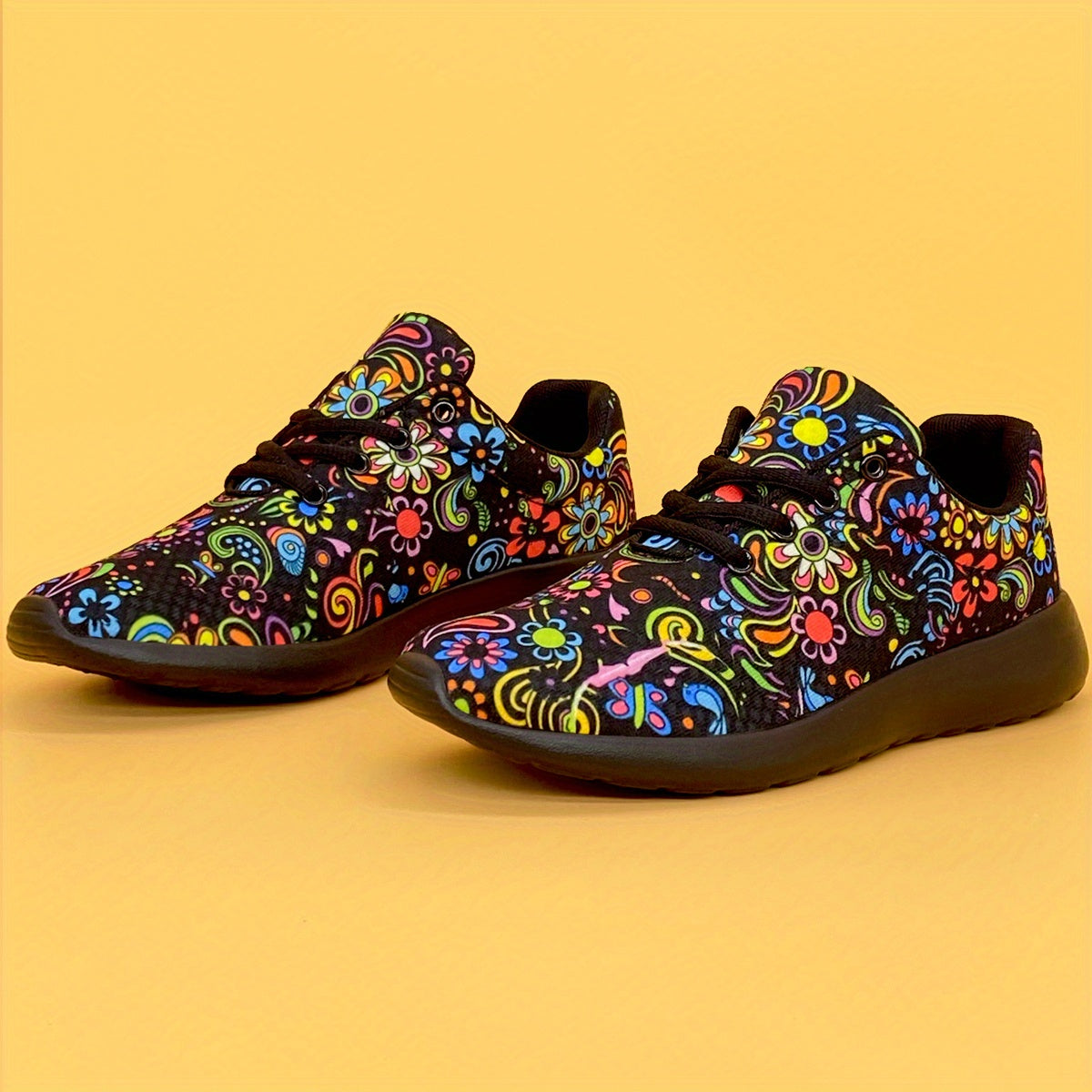 Women's Lightweight Sneakers with Mexican Flower Pattern Lace-Up Running Shoes