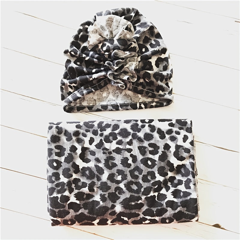 Leopard Print Baby Hat and Bag Towel Set for Infants 0-6 Months