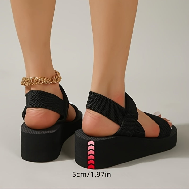 Women Black Wedge Sandals Open Toe Summer Casual Strappy