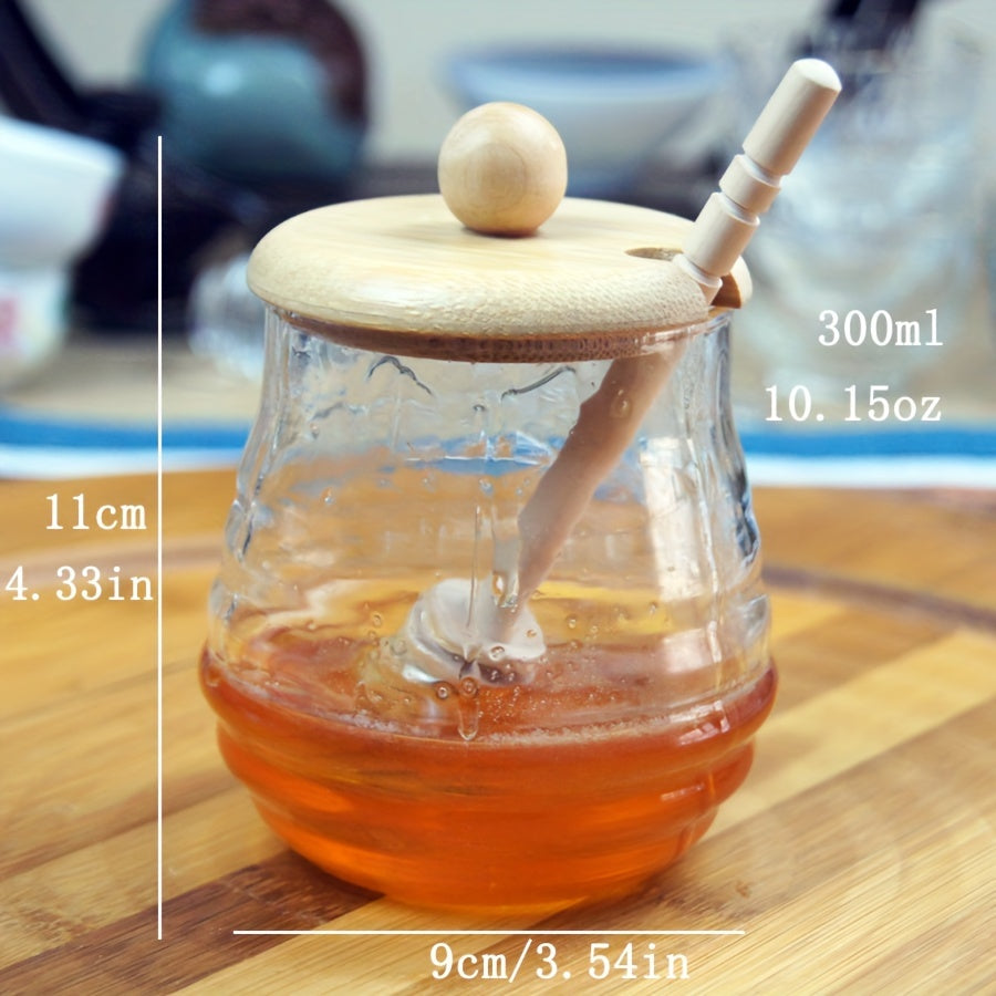 Glass Honey Jar with Bamboo Lid and Dipper for Kitchen Storage and Baking