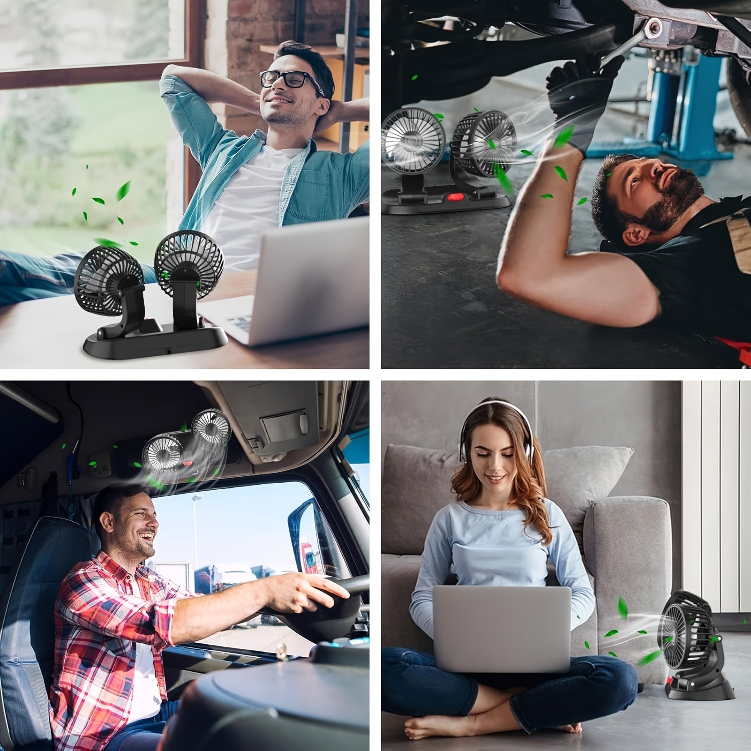 Dual Head USB Car Fan with 360° Adjustable Design, 2 Speeds, Foldable Portable