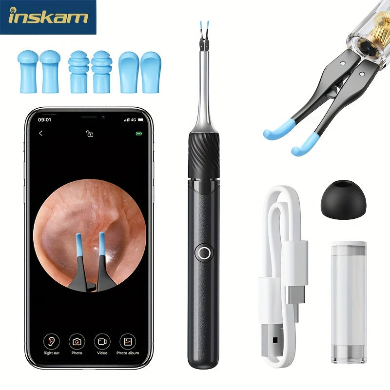 3-in-1 Smart Ear Wax Removal Kit with Camera Tweezers Spoon Rechargeable Battery Black White Blue