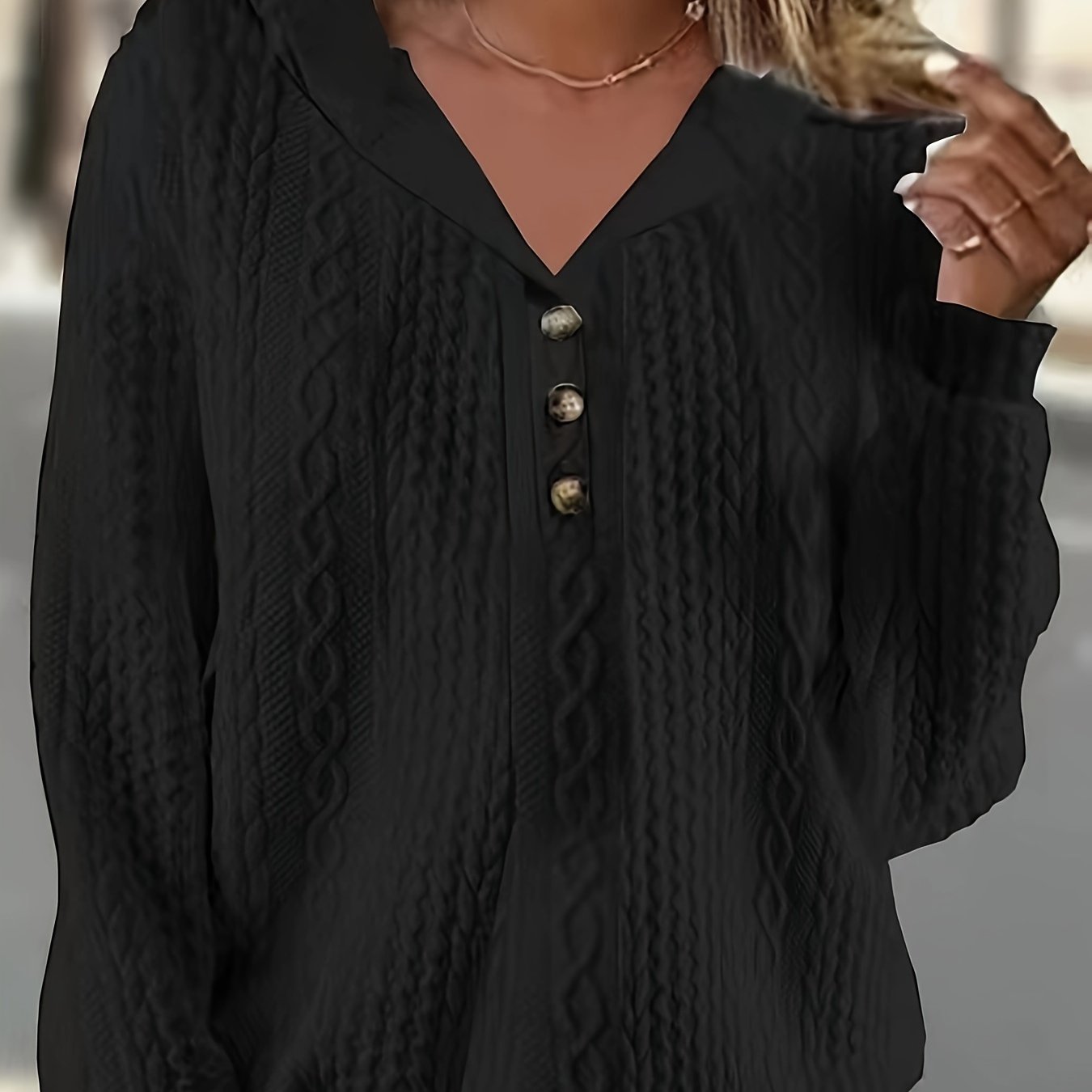 Plus Size Women's Solid Jacquard Long Sleeve Hooded Sweatshirt