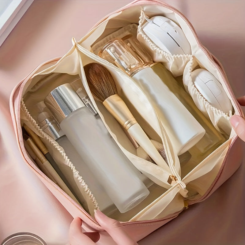 Double-Layer Leather Travel Cosmetic Bag for Men and Women Waterproof Makeup Organizer