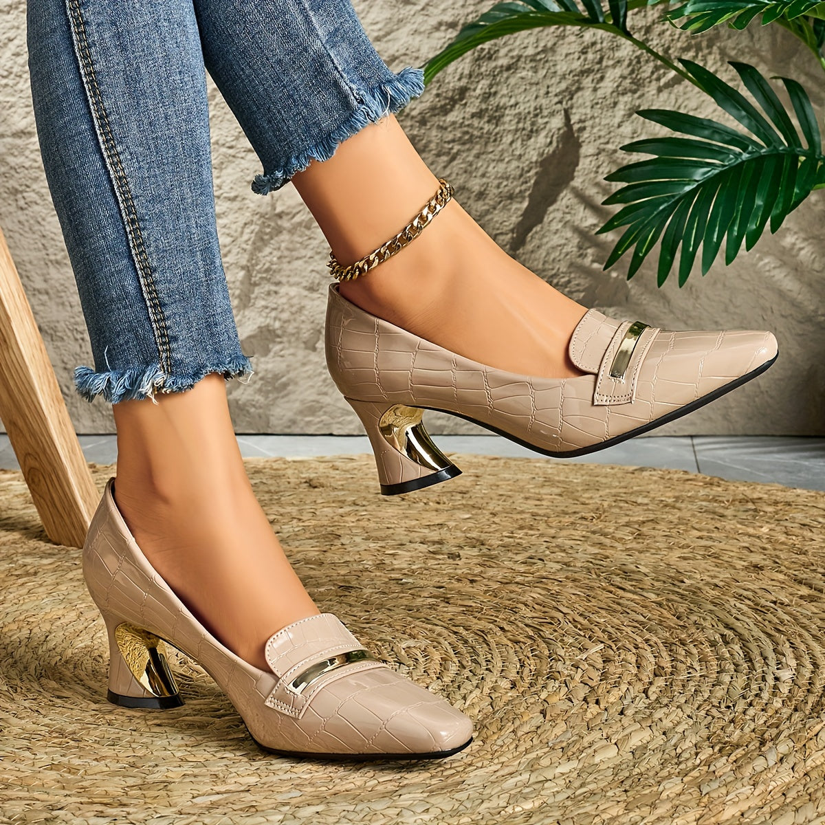 Women's Casual Square Toe High Heeled Shoes for Parties and Events