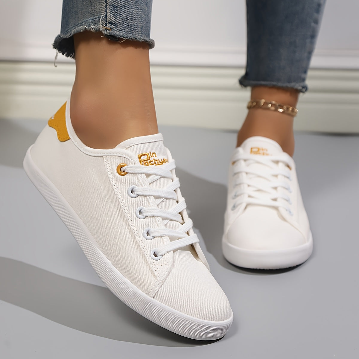 Women's Canvas Casual Sneakers Black White Lace-Up Walking Shoes
