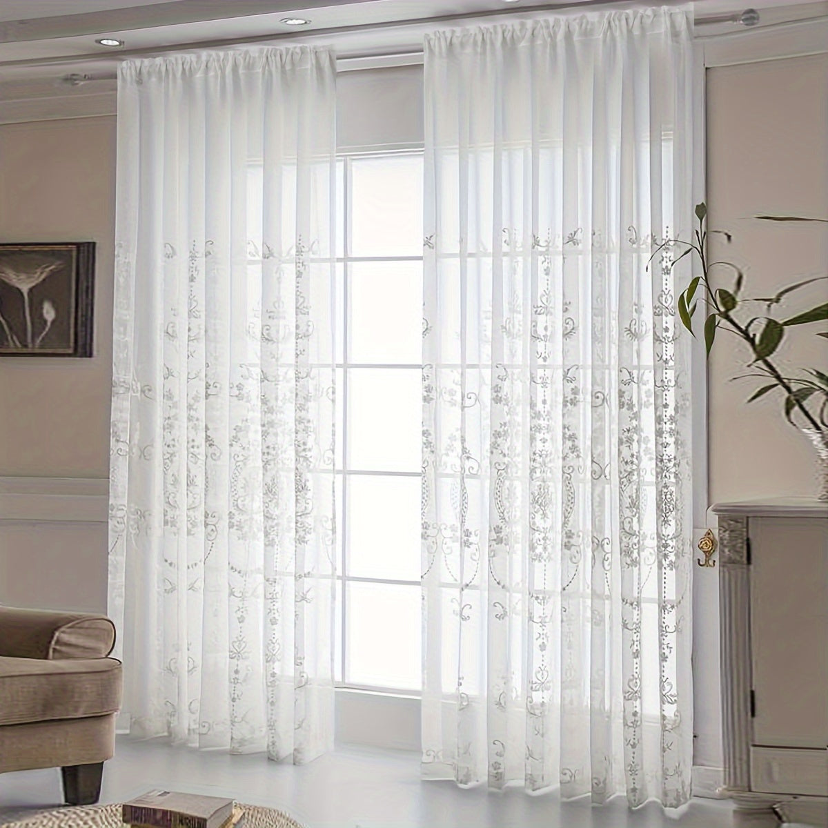White Sheer Curtain with Geometric Flower Embroidery, Rod Pocket for Living Room Bedroom