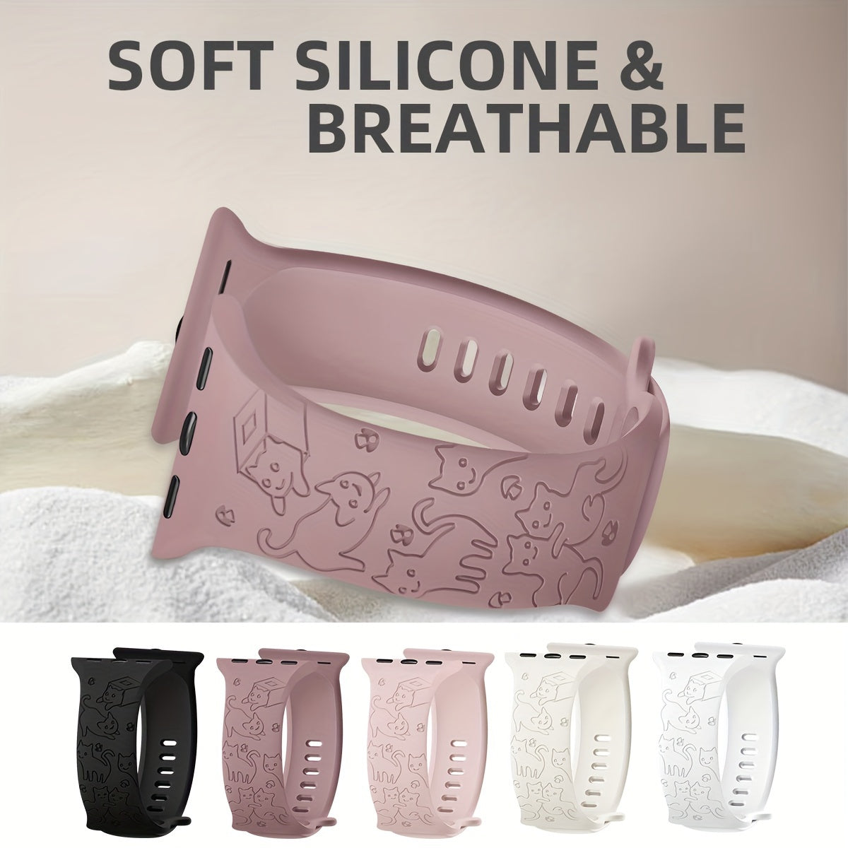 Engraved Silicone Watch Band with Kitten Pattern for iWatch Compatible with Multiple Sizes