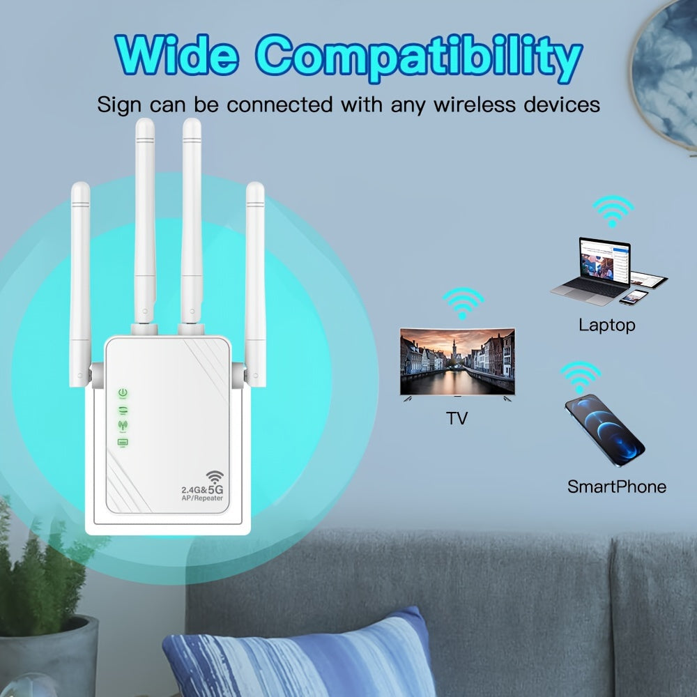 WiFi Extender Dual Band 2.4G 5G with 4 Antennas Ethernet Support for Home Use