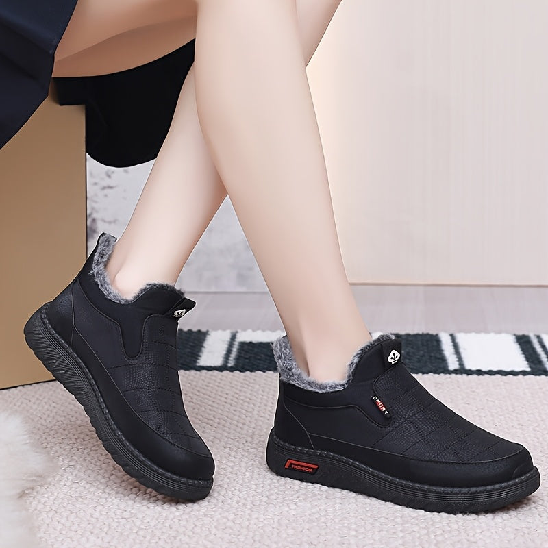 Women's Fleece-Lined Slip-On Ankle Boots Casual Solid Color Fabric