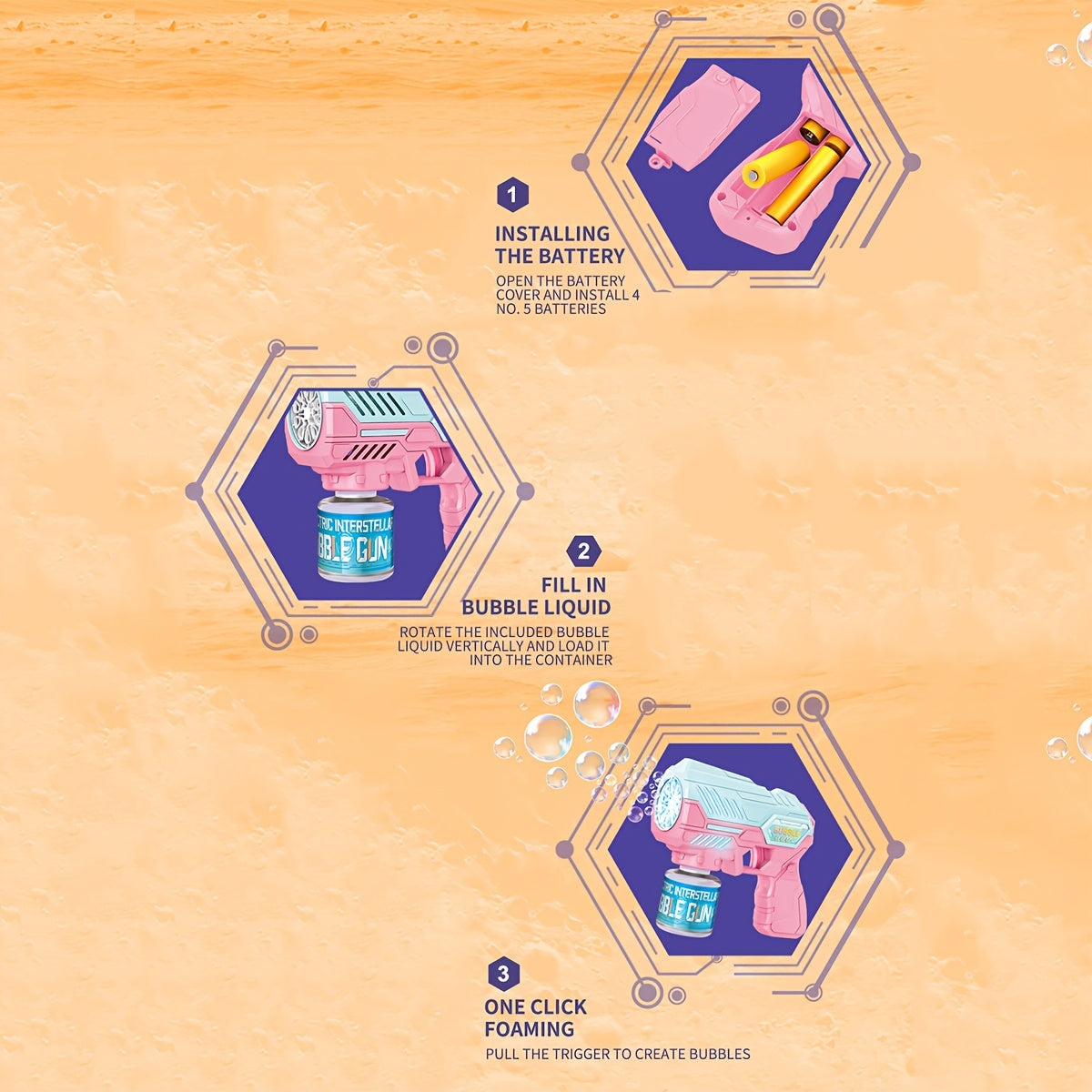 Interstellar Bubble Gun: Oson bitta tugma bilan boshqarish, tez pufaklar ishlab chiqarish, avtomatik puflash, 3-12 yoshdagi bolalar uchun, ochiq havoda o'ynash uchun portativ, pufak suvi kiritilmagan.