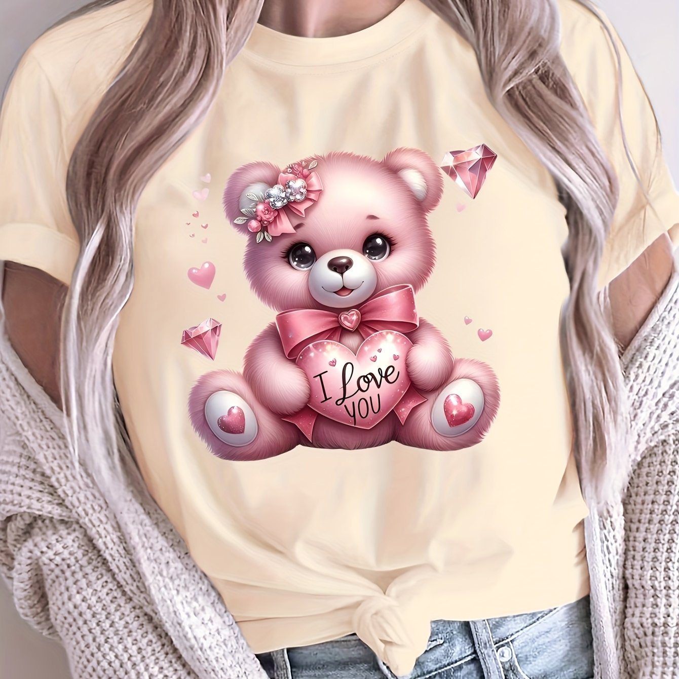 Women's Casual Crew Neck T-Shirt with Cartoon Bear Print Polyester Breathable All-Season