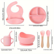 Baby Feeding Set 6 Pieces Silicone Includes Suction Bowl Divided Plate Spoon Fork Sippy Cup Bib