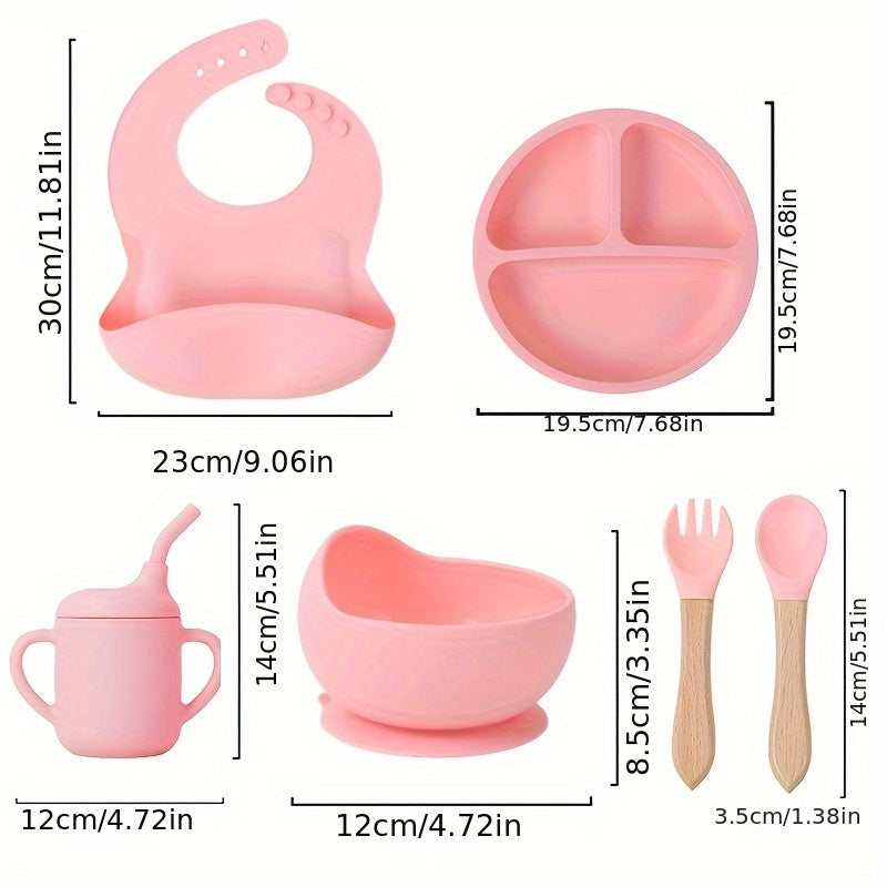 Baby Feeding Set 6 Pieces Silicone Includes Suction Bowl Divided Plate Spoon Fork Sippy Cup Bib