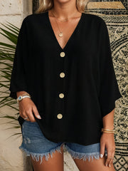 Women's Plus-Size V-Neck Long Sleeve Casual T-Shirt Solid Color Top