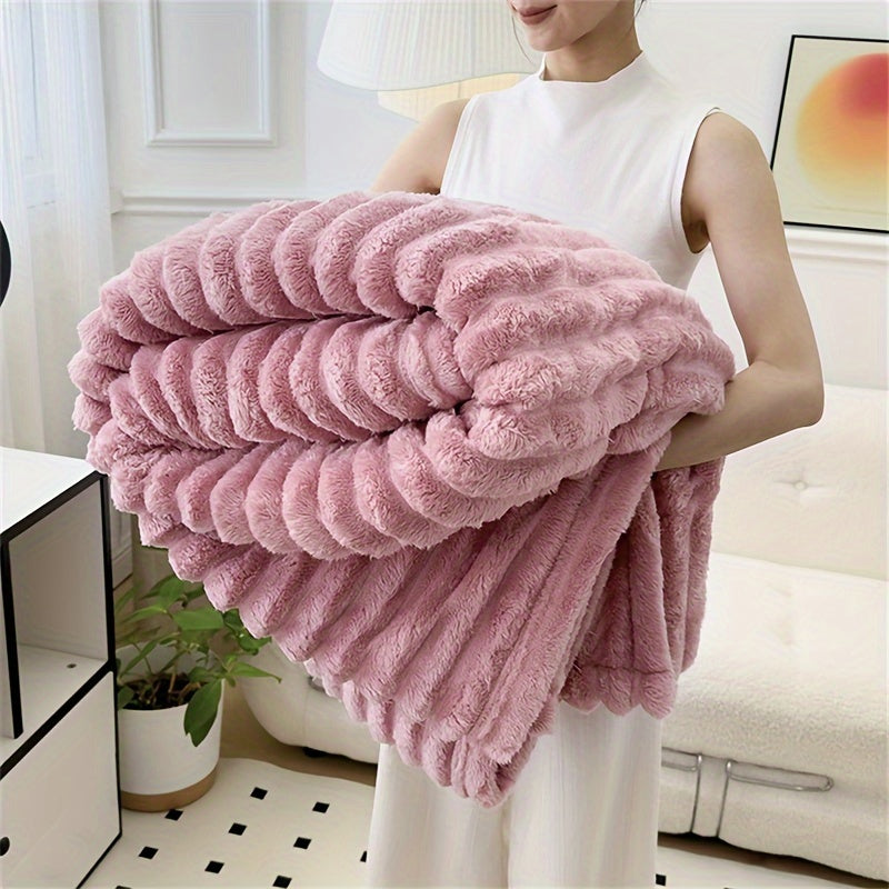 Coral Fleece Throw Blanket with Soft Striped Polyester Plush for Couch Sofa and Knee All-Season Knitted Textured Design