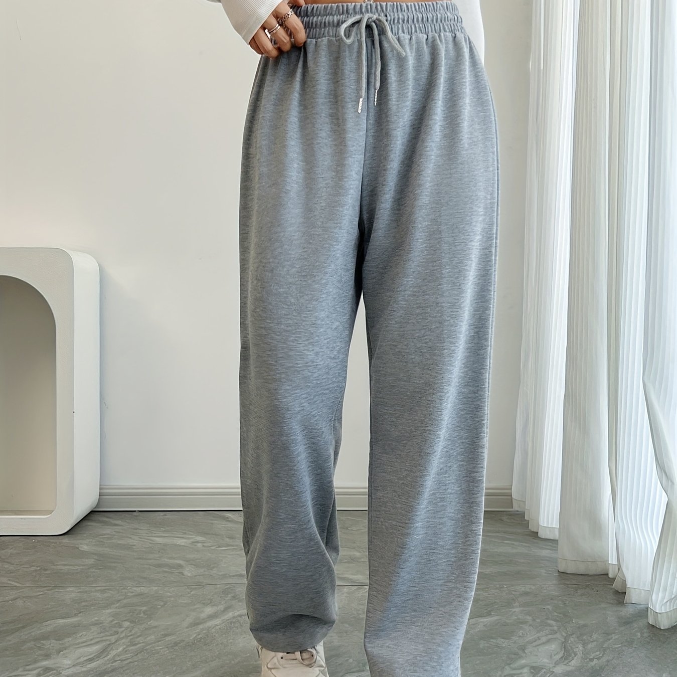 Men's Grey Polyester Joggers with Elastic Waistband Drawstring Long Casual Pants for Spring and Autumn