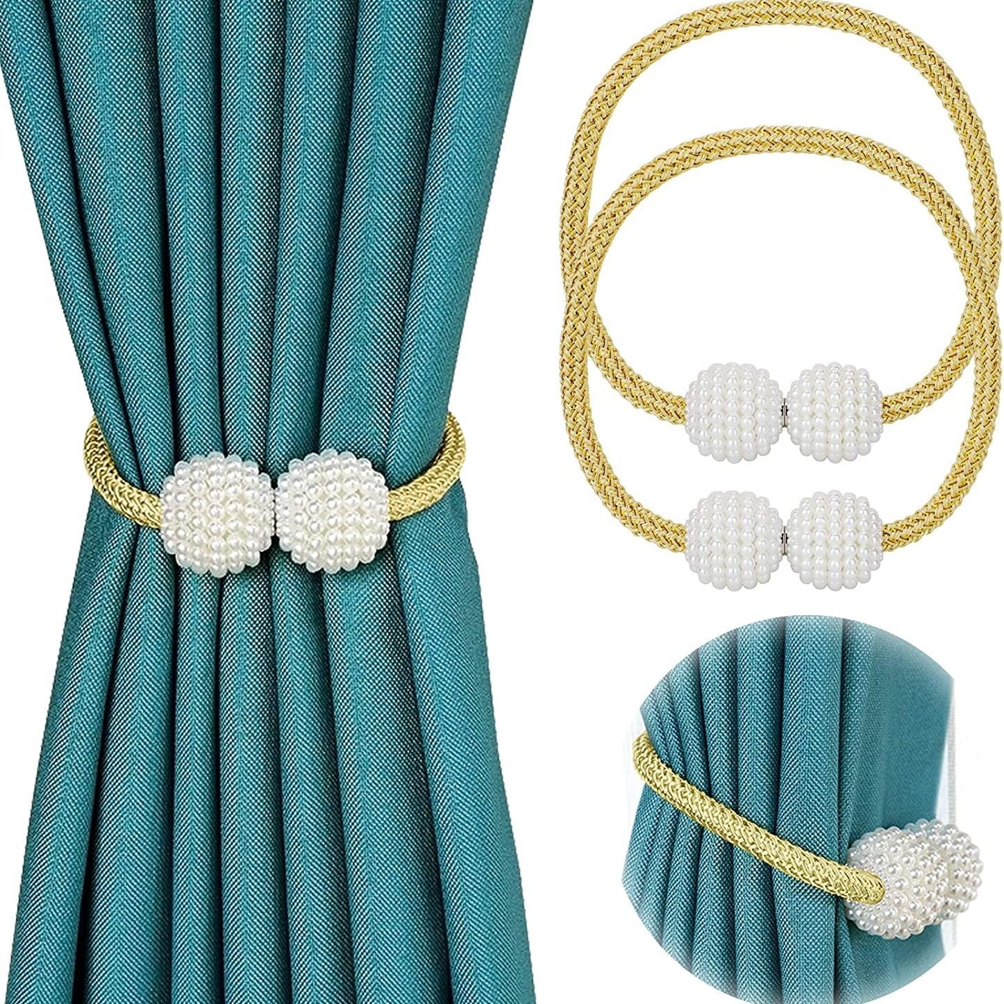 Ikki zamonaviy poliester ipidan yasalgan, marvaridga o'xshash to'plar bilan bezatilgan elegant magnit parda bog'ichlari. Ushbu dekorativ deraza pardalari bilan uy yoki ofis bezatishingizga zamonaviy uslub qo'shing. Zamonaviy dizayn va to'p bezaklari.