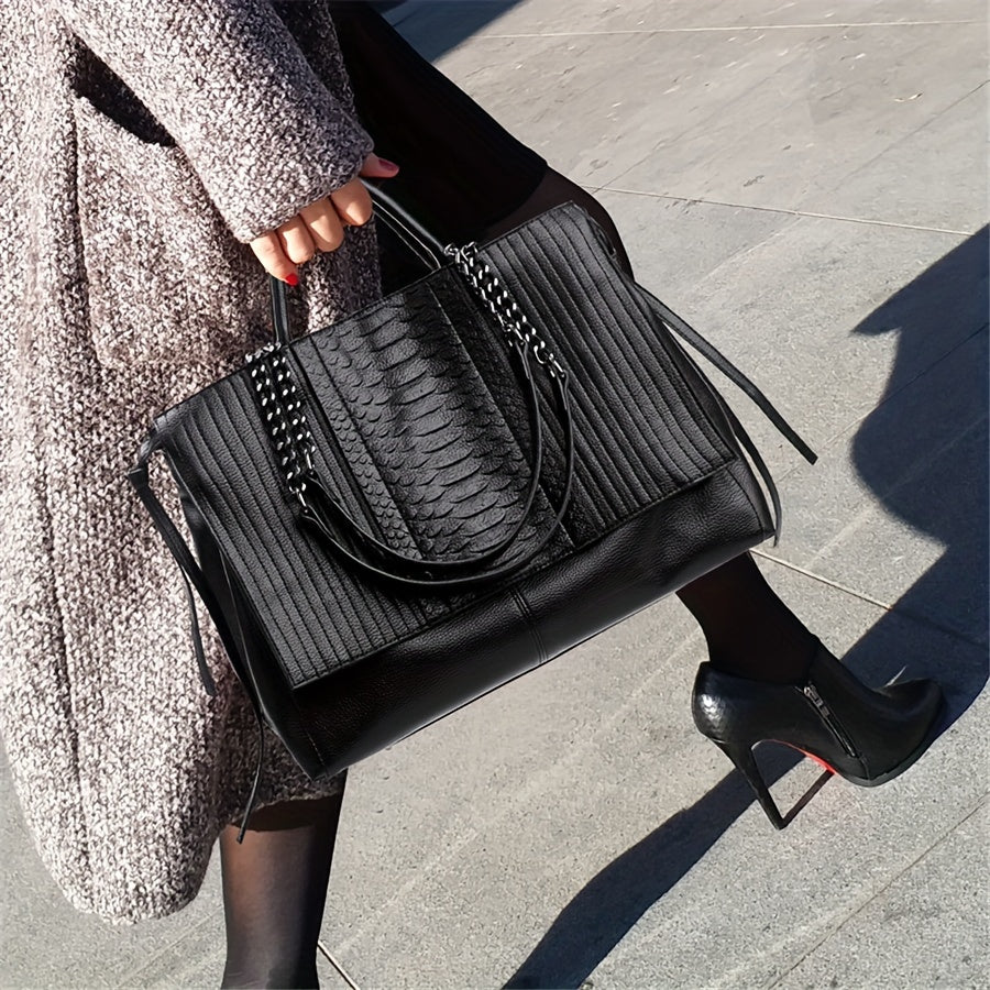 Black Crocodile Pattern Tote Bag for Women with Chain Straps and Detachable Shoulder Strap