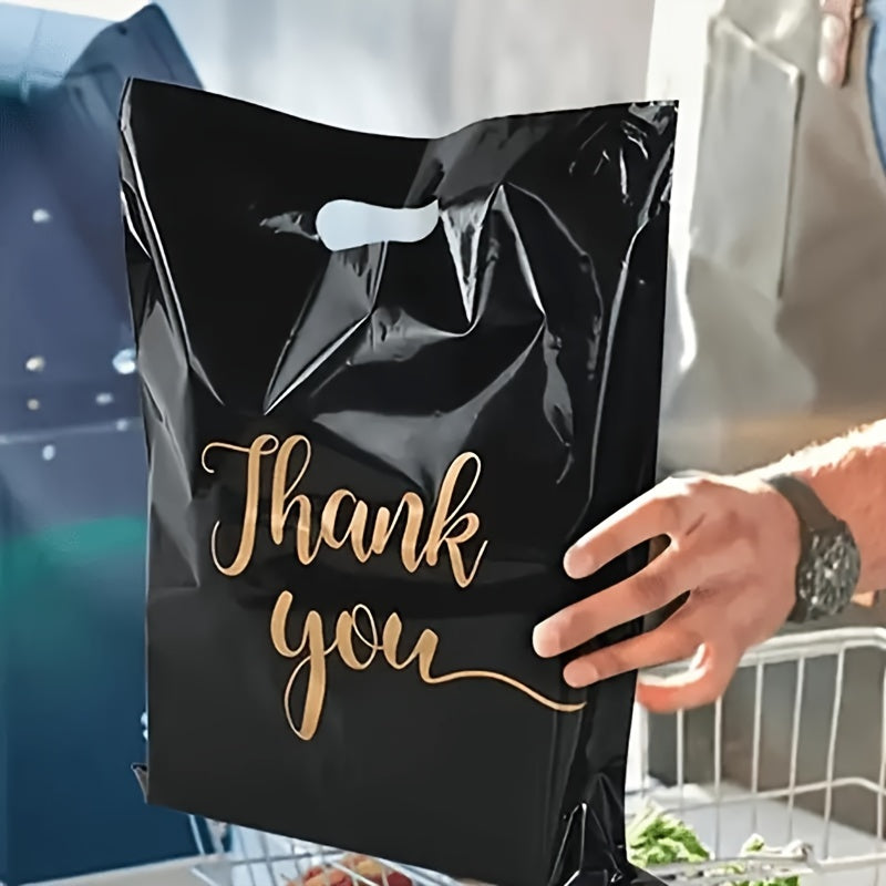 100-Pack Black Water-Resistant PE Thank You Bags with Die Cut Handles for Retail and Gifts