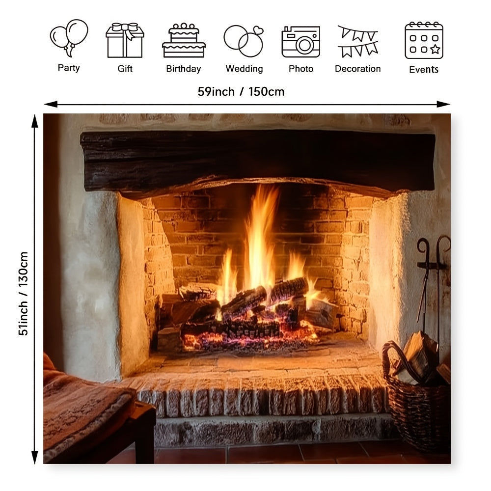 Polyester Fireplace Backdrop Cloth for Home Decor, Wood Burning Scene, All Seasons