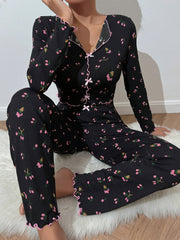 Women's Floral Print Pajama Set with Bow Detail Long Sleeve Top and Ribbed Pants for Fall