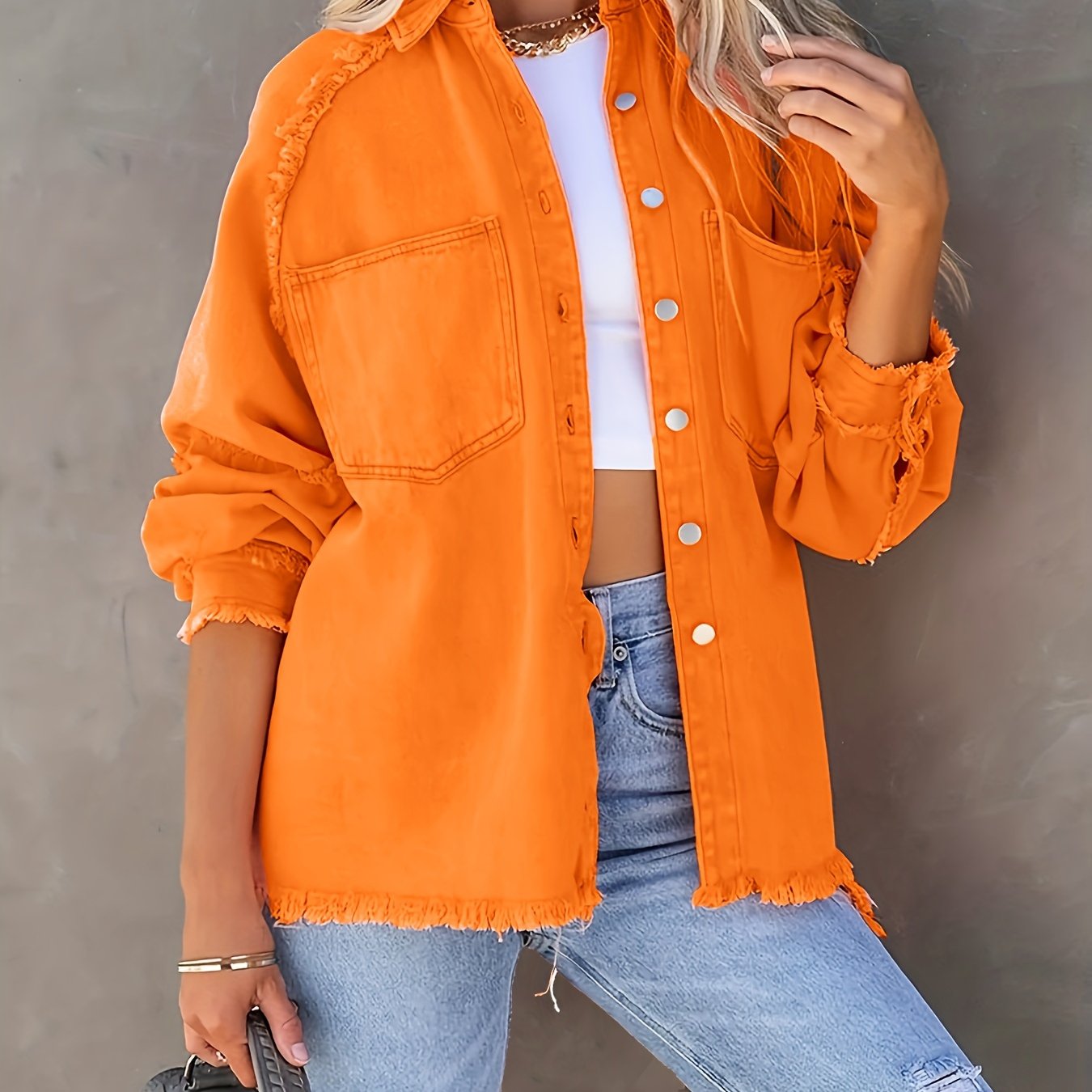 Plus Size Women's Denim Jacket Orange Oversized Frayed Hem Ripped Details Fall Winter