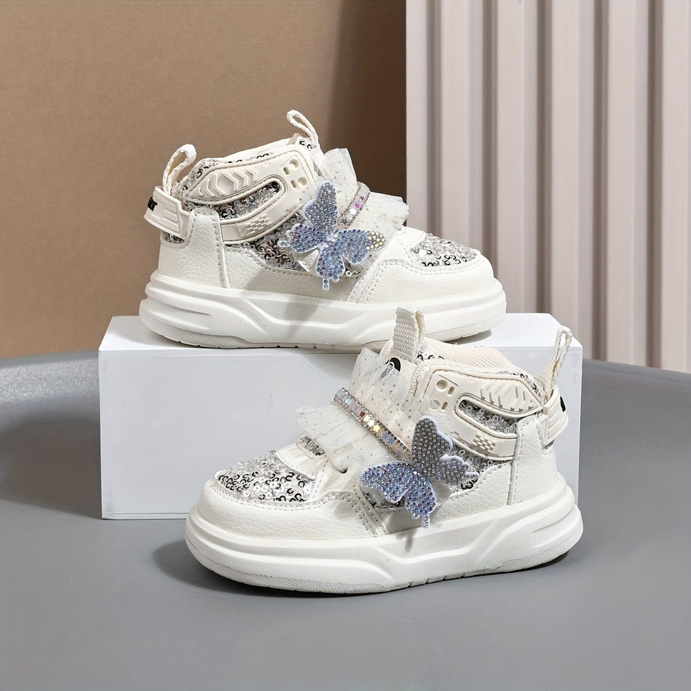 Girls' Mid-Top Sequin Rhinestone Bow Sneakers Casual Street Party Shoes