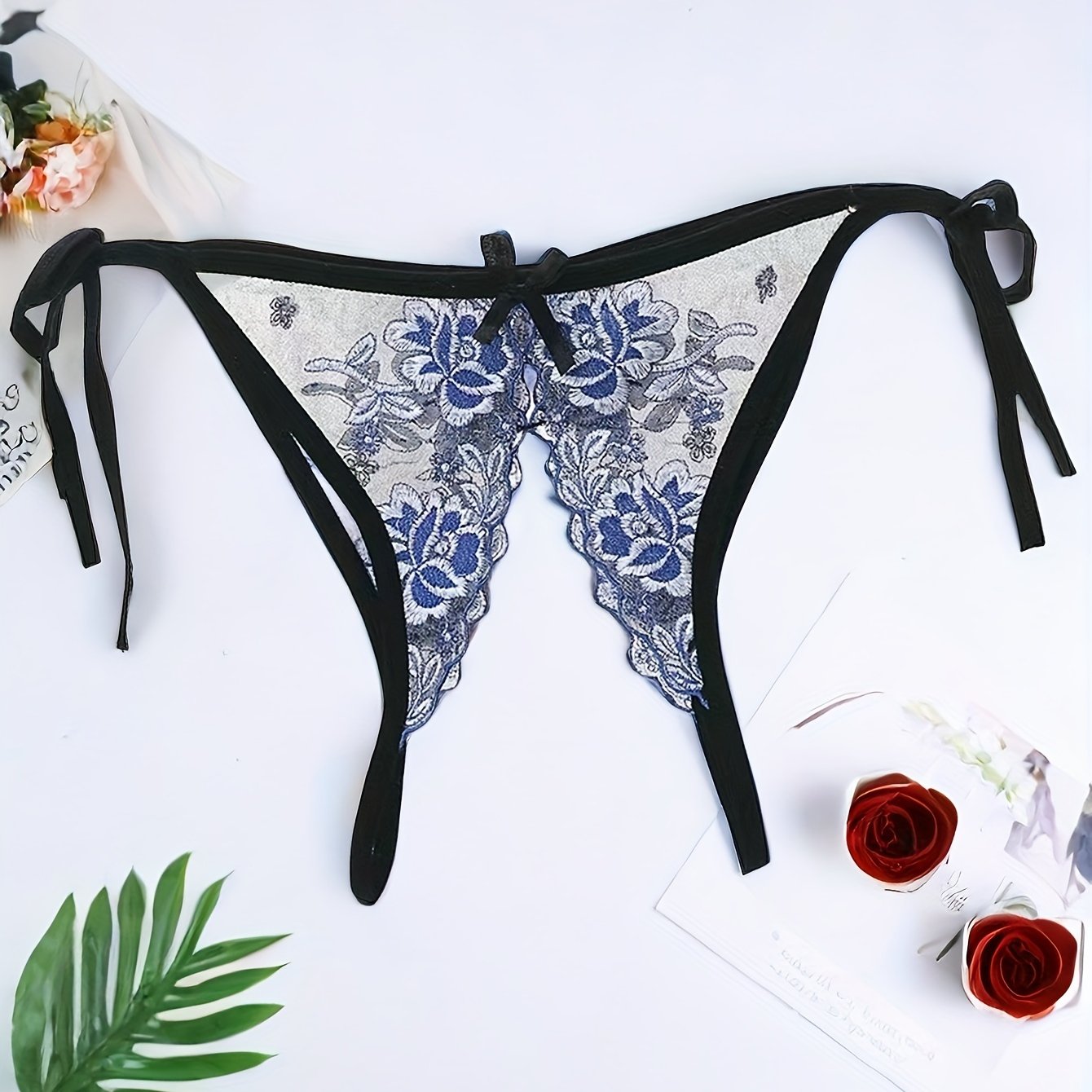 Women's Embroidered Floral Garter Thong Panties with Adjustable Slit and Knit Fabric