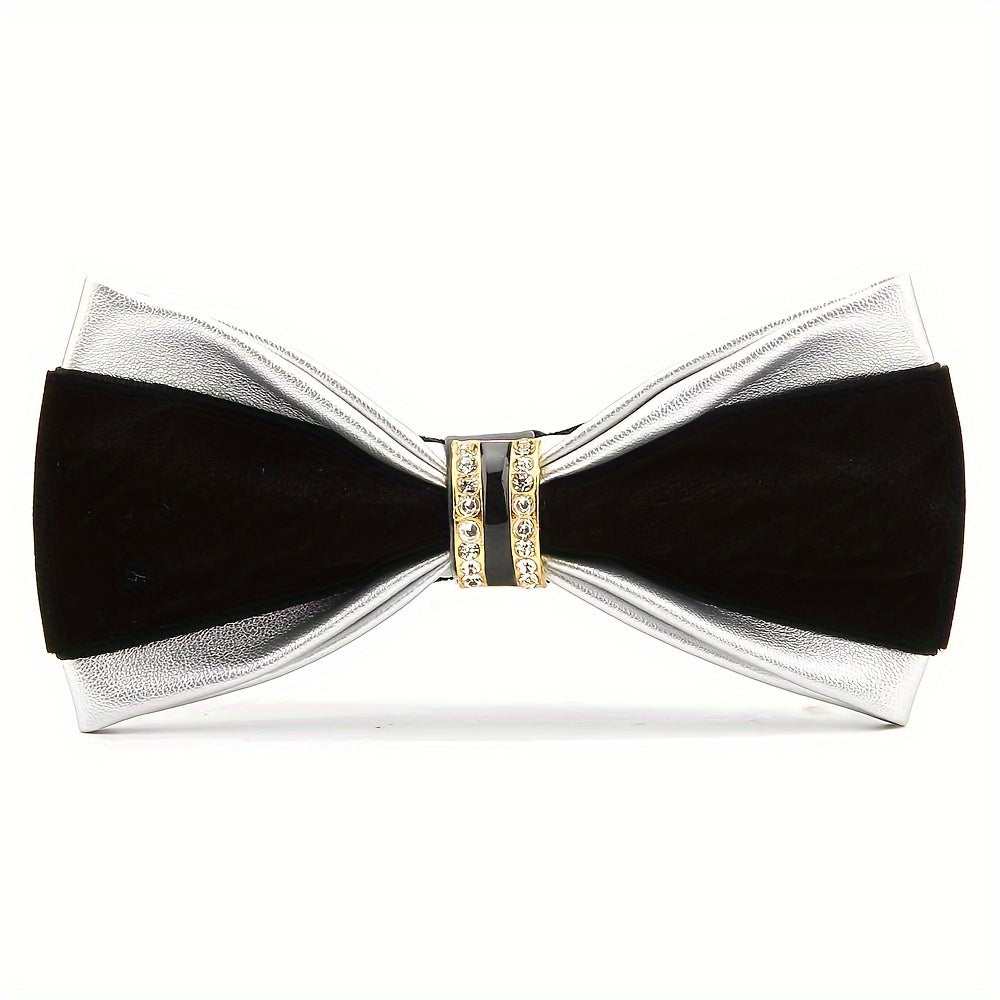 Leather Bow Tie with Rhinestones for Weddings and Formal Events in Black Velvet or Gold